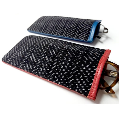 estuche de lentes piel con rebozo negro jaspeado La Artesaneria Mexico